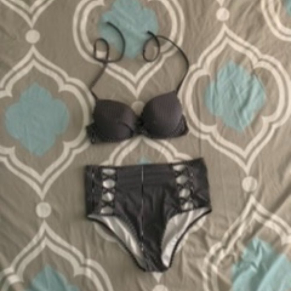 Black bathing suit w thin white stripes, 34 B, high rise, good complete coverage